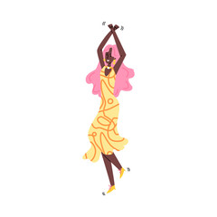 Happy dark skinned girl dancing in sundress and smiling - vector illustration