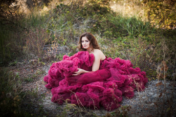 Fashion photo of young magnificent woman in red dress with fluffy skirt