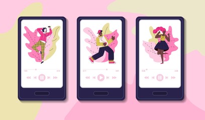 Mobile music applications interface set with people sketch vector illustration.