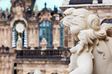 White statue Zwinger palace complex, Dresden, Germany, Glockenspiel Dresden Zwinger, clock
