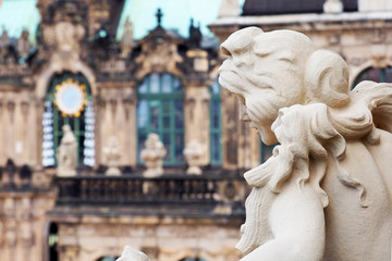 Naklejka premium White statue Zwinger palace complex, Dresden, Germany, Glockenspiel Dresden Zwinger, clock