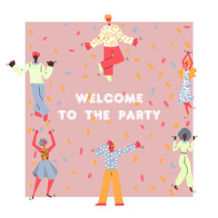 Welcome to the party - retro dance event poster with cartoon people dancing