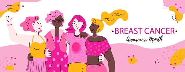 Breast Cancer Awareness banner with women characters flat vector illustration.
