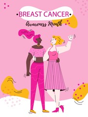 Breast cancer awareness month greeting card with two women standing and hugging.