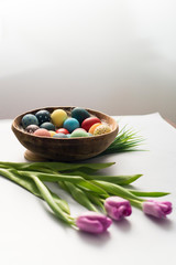 Colorful Easter eggs in nest, spring flower, tulips and candies on bright background. Easter holiday decorations , Easter concept background.