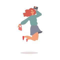 Woman holding smartphone and jumping, flat vector illustration isolated.
