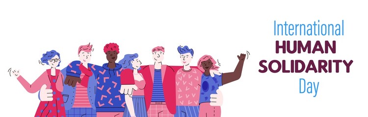Flat banner for International human solidarity day. Group of friends hugging