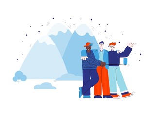 Friends make selfie in mountains sketch cartoon vector illustration isolated.