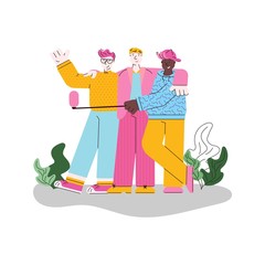 Three friends taking photo with selfie stick isolated on white background