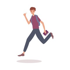 Young student cartoon character running, flat vector illustration isolated.
