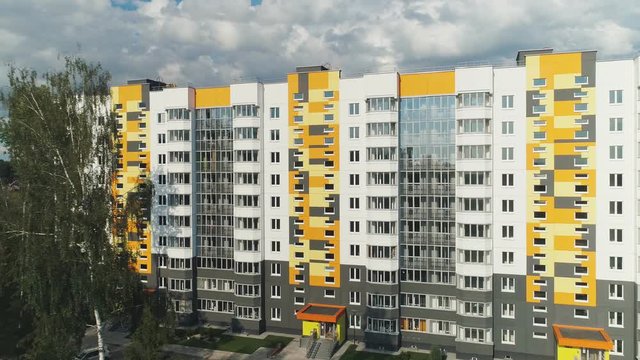 OBNINSK, KALUGA REGION, RUSSIA &ndash; SUMMER, 2019: drone fly through modern Belarusian blocks &ndash; bright urban houses