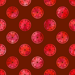 Watercolor sliced ​​grapefruits on chocolate background. Seamless pattern.  Watercolor stock illustration. Design for backgrounds, wallpapers, covers, textile and packaging.