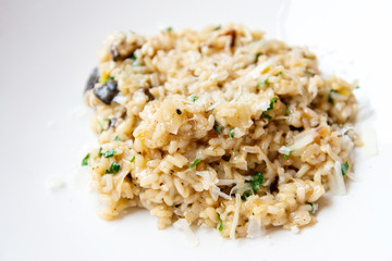 Delicious Italian vegetarian risotto cooked with mushrooms and onions served in white plate.