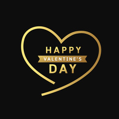 Happy valentine's day message gold heart design on black background, vector illustration