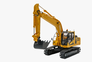  Yellow excavator   model with isolated on  a white background,Bucket lift up