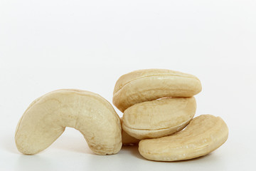 Cashew nut   raw group on a white background,close up