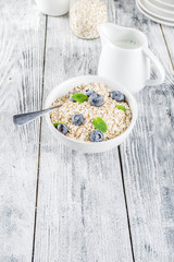 Healthy cereal and milk breakfast concept