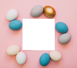 Easter eggs, colorful flat lay with copy space for text, easter holiday card