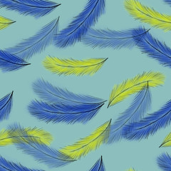 Fototapeta na wymiar seamless pattern with blue and yellow feathers on blue background. Hand drawing. Elegant print. Packaging, wallpaper, textile, fabric design