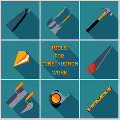 Stock vector illustration set isolated icons,tools for construction works,pliers,shovel,hammer,saw,level,tape measure,plumb,trowel flat design.
