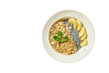 healthy food smoothie bowl, oatmeal, chia seeds and berries (breakfast dish or healthy snack) menu concept. background. top view. copy space