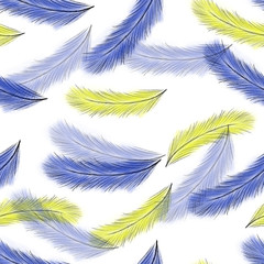 Fototapeta na wymiar Seamless pattern with colorful feathers on white background. Blue and yellow feathers. Print, packaging, wallpaper, textile, fabric design