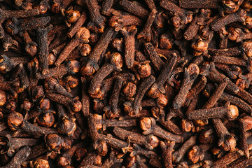 Dry cloves spices on the dark rustic background. Selective focus. shallow depth of field.