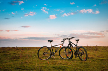 two bicycles on green grass at sunset