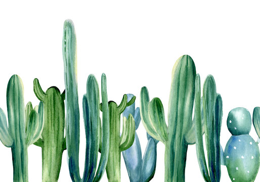 Watercolor hand painted seamless border with green cactuses. Mexican style background template isolated on white.