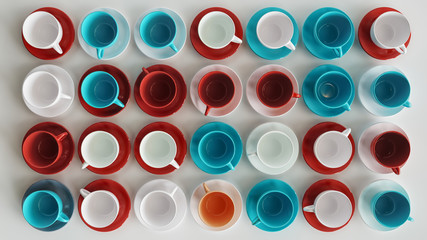 Many colorful cups on white background - 3D rendering