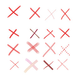 Many Cross sign element. Red grunge X icon, isolated on white background.