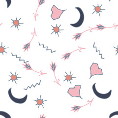 Childish seamless pattern made in hand drawn doodle style. Design animal made in soft colours. Background or wallpaper may use for wrapping paper, web page, kids nursery, postcard, hand made album