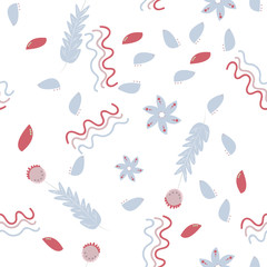 Childish seamless pattern made in floral, forest style. Design elements made in soft colours. Background or wallpaper may use for wrapping paper, web page, kids nursery, postcard, hand made album