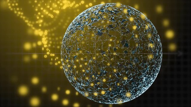 The abstract high-tech digital tunnel with rows of numbers and red polygonal sphere on the forefront flickering and moving on big speed.