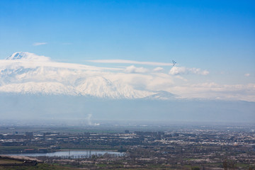 View on mountain Ararat and Yerevan in sunny spring day, Armenia