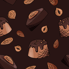  Chocolate set seamless pattern. Sweets with nuts. Vector graphics hand drawing. Brown background. For postcards, textiles, wrapping paper