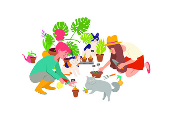 Cute funny young girls with garden shovel taking care of houseplants growing in pots or planters. Urban jungle interior, Spring.