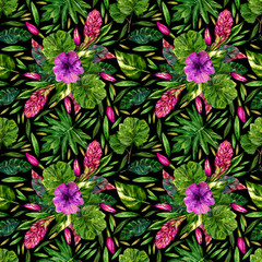 Seamless pattern of watercolor pink flowers and plants . Black background.