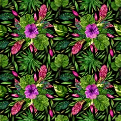 Fototapeten Seamless pattern of watercolor pink flowers and plants . Black background. © Елена Попова