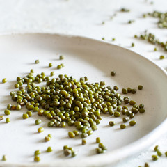 Dried mung beans on a ceramic plate