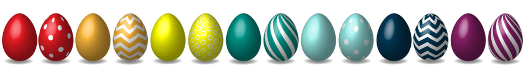 Isolated realistic 3D eggs rainbow colored on white background. Easter holiday celebration concept.