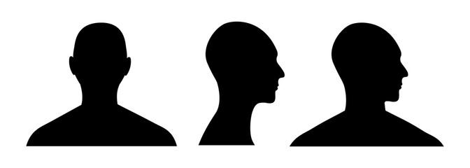 Front and side view silhouette of a male head. Anonymous man face avatar.