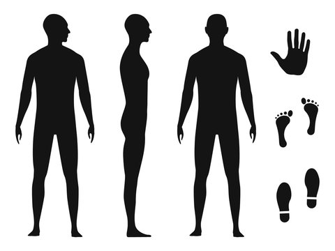 Human body silhouette of a bald naked barefoot adult male. Palm hand, bare feet and shoe trace