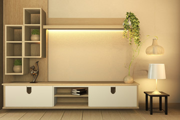 TV cabinet on white wood flooring and white wall, minimalist and zen interior of living room japanese style.3d rendering