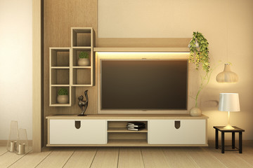 TV cabinet on white wood flooring and white wall, minimalist and zen interior of living room japanese style.3d rendering