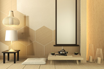 wooden cabinet tv with wooden hexagon tiles room japanese style.3D rendering