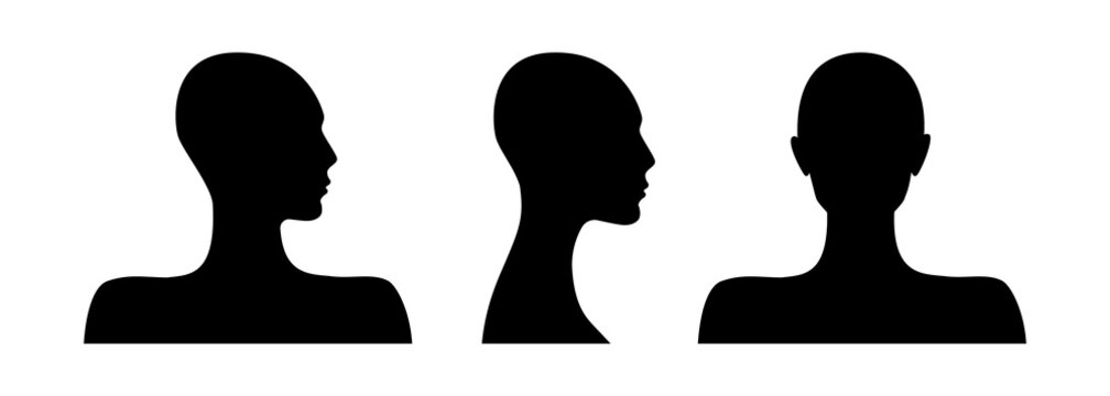 Front and side view silhouette of a female head. Anonymous woman face avatar.