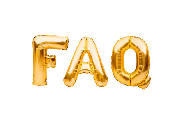 Acronym word FAQ made of golden inflatable balloons isolated on white background. Helium balloons...