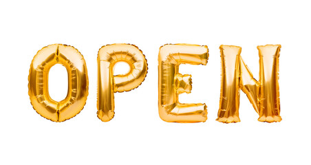 Word OPEN made of golden inflatable balloons isolated on white background. Helium balloons gold foil forming word open. Startup, grand opening celebration. Business beginnings event concept.