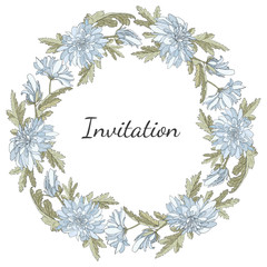 Decorative greeting card with wheath chrysanthemum flowers. Elegant post card with beautiful of chrysanthemums. Free place for text. Vector design.